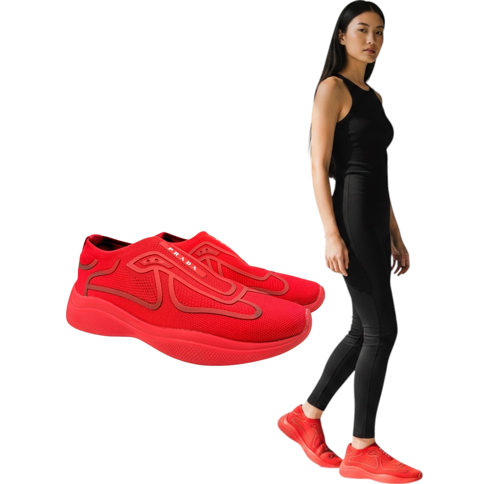 Prada Sport Knit 10 Textile Low Top Slip On Sneakers Red Size 40